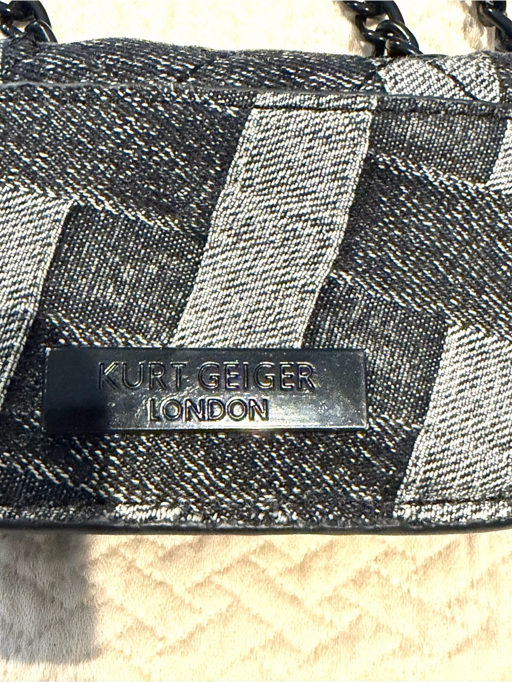 Kurt Geiger Micro Mini Kensington Denim Patchwork Black Chain Crossbody Bag &Box - Picture 5 of 10